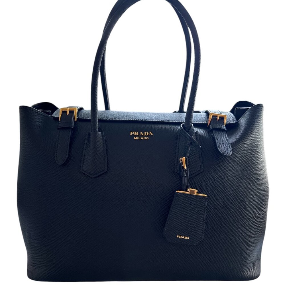 PRADA BLACK LEATHER SAFFIANO TOTE BAG GOLD ACCENTS
